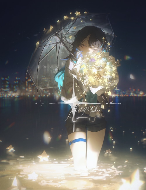 Girl with umbrella and flowers in the rain at night