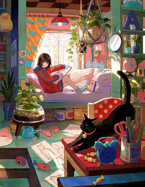 Girl drawing with cat in a sunlit room
