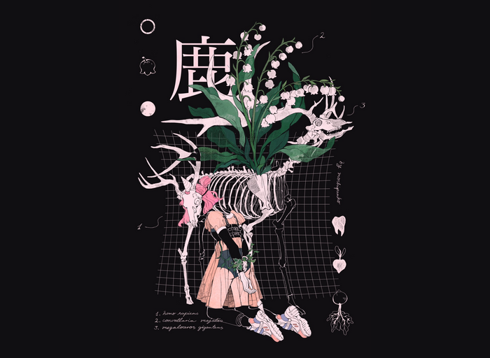 Mochipanko's Surreal Deer Skeleton with Flowers and Girl