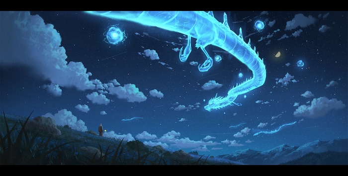 A Chinese dragon flies in the night sky above a person