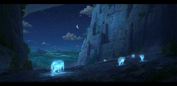 Ghost Elephants in a Mountainous Landscape at Night