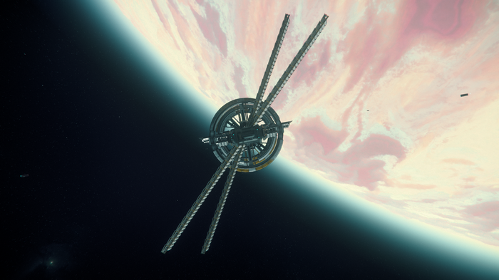 Space station orbiting a planet