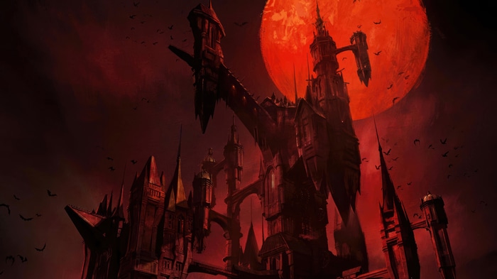 Castlevania Castle with Blood Moon and Bats