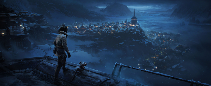 4K Star Wars: Outlaws snowy city landscape