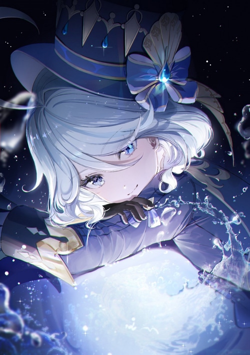 Focalors from Genshin Impact with blue hair and hat