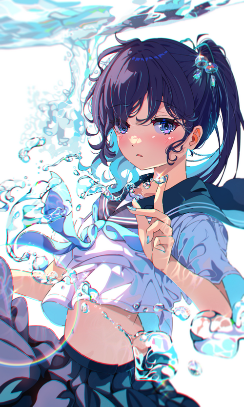 Girl in Sailor Uniform Underwater with Water Drops
