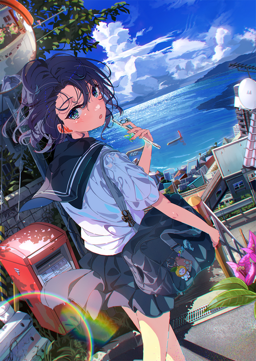 Schoolgirl with purple hair and blue eyes by the sea