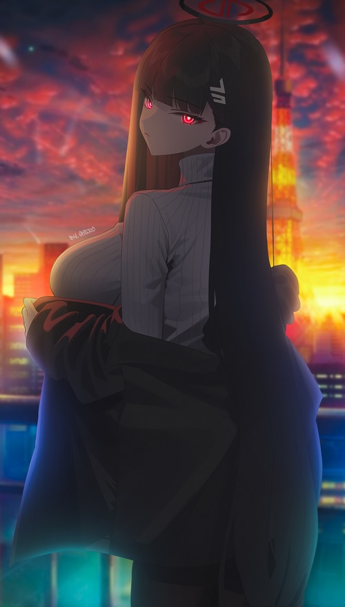 Tsukatsuki Rio from Blue Archive in sunset glow