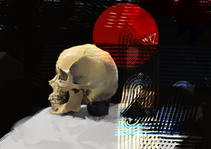 Skull on a white cloth with abstract background
