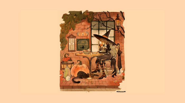 Witch at The Witch's Cafe with Black Cats and Pumpkins