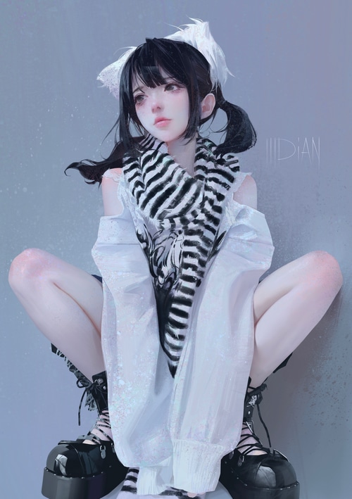 4K illustration of a girl with black pigtails and a scarf