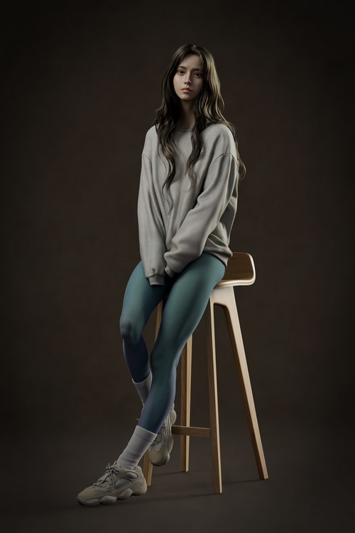 Woman in sweatshirt and leggings sitting on a stool