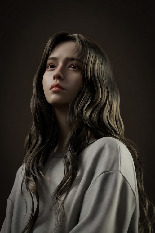 Woman with wavy hair looking up