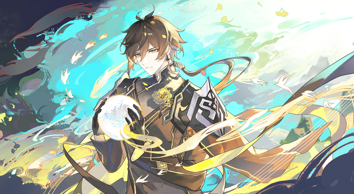 Zhongli from Genshin Impact holding a glowing orb