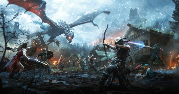Dragon attacking a village in The Elder Scrolls: Legends