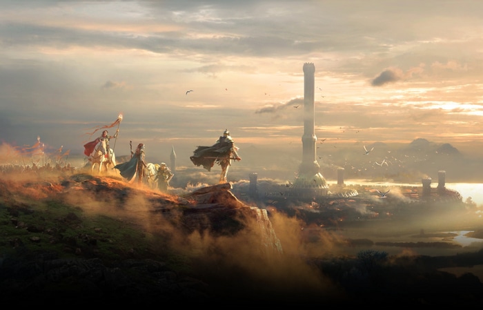 The Elder Scrolls loading screen with a city and tower