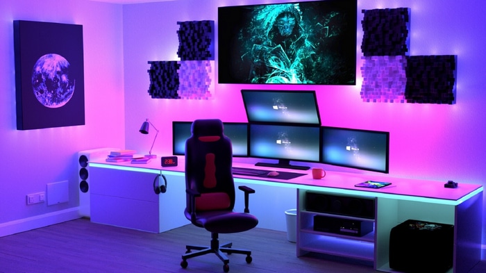 Gaming setup with multiple monitors and LED lighting