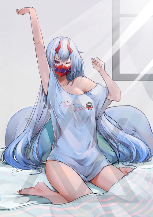 Anime girl with blue hair and mask stretching in bed