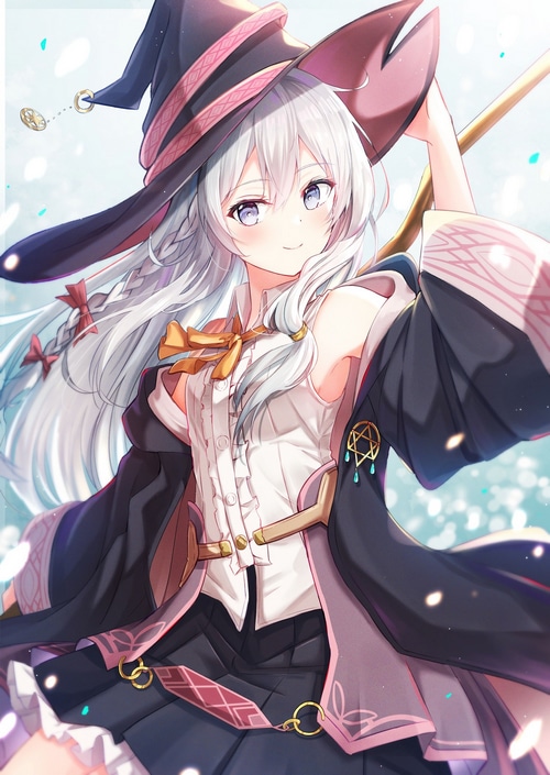 Elaina the witch with gray hair and a witch hat