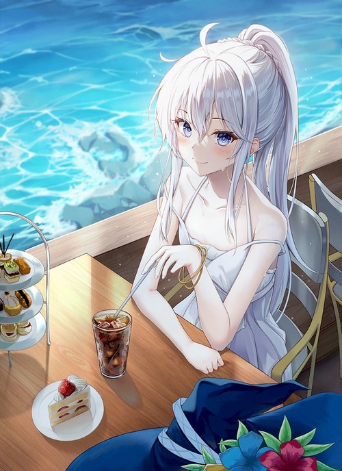 Elaina with a drink and cake by the sea