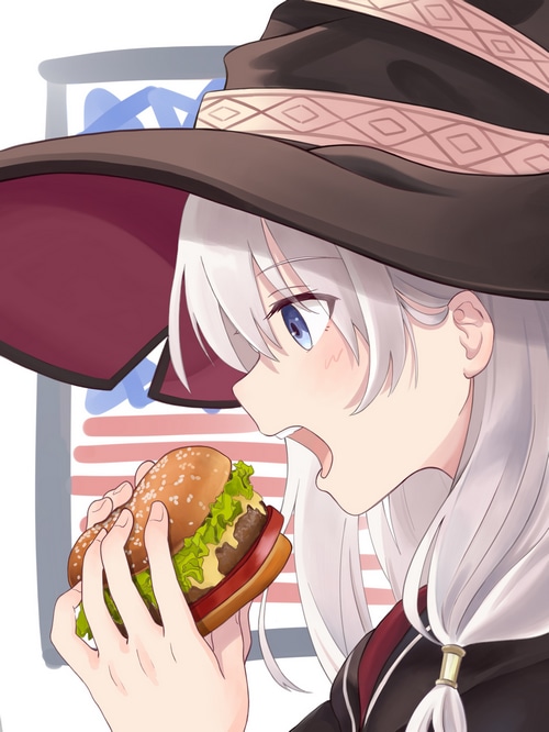 Elaina eating a burger with a witch hat