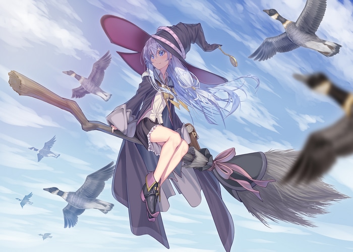 Elaina the witch flying on a broom with geese