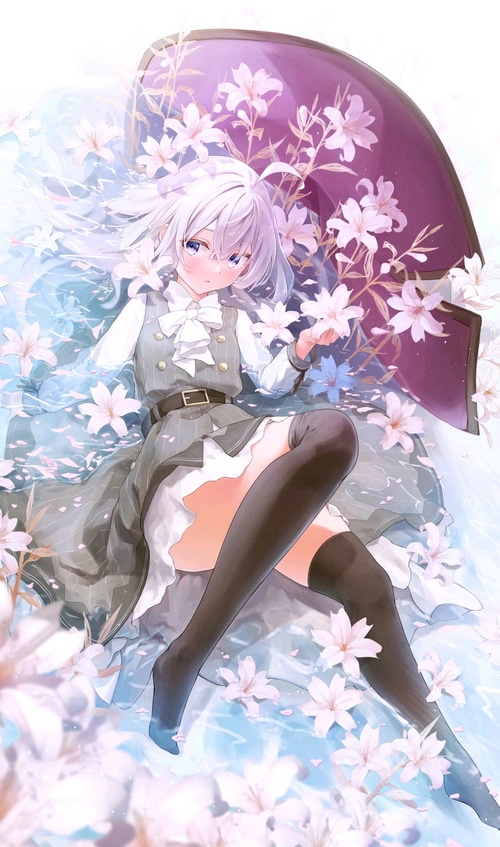 Elaina lying down with flowers and an umbrella