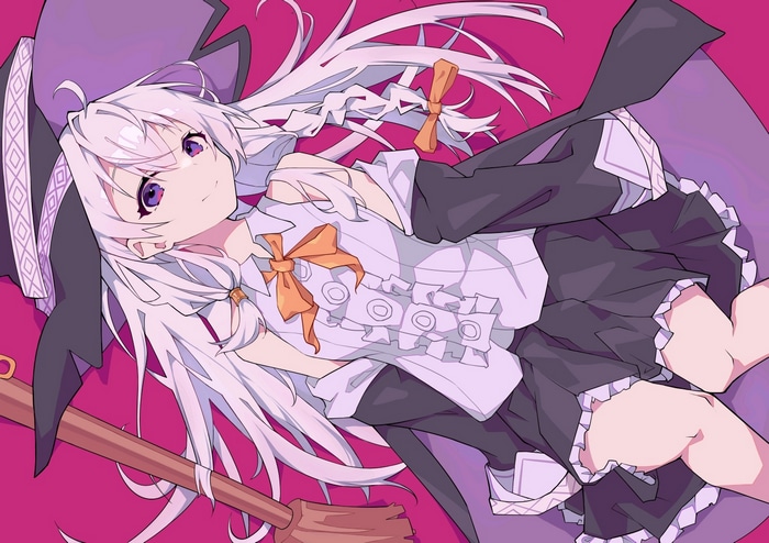 Elaina from Majo no Tabitabi with a witch hat and broom