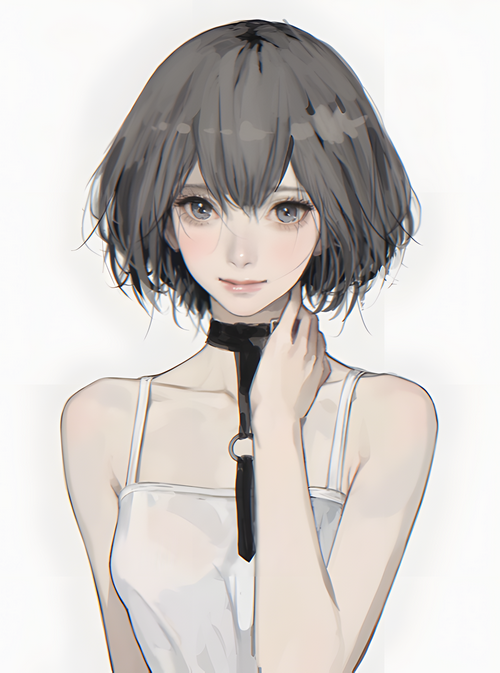 Anime girl with short gray hair and blue eyes wearing a choker