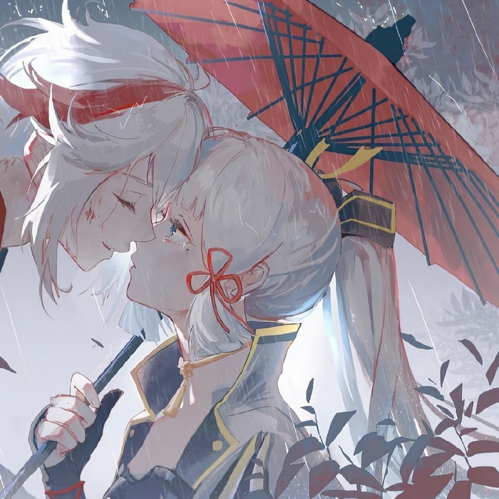 Kaedehara Kazuha and Kamisato Ayaka in the rain