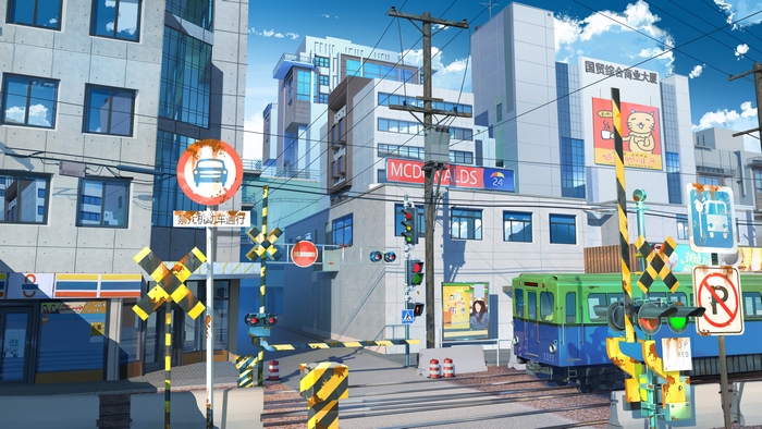 Anime train crossing with McDonald's and buildings