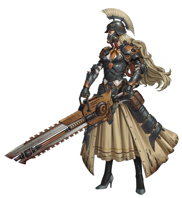 Woman in armor with a large weapon