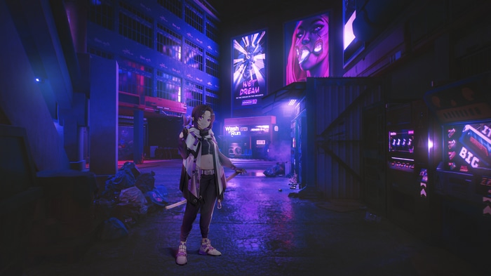 Shinobu in a Cyberpunk City Street