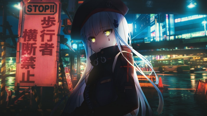 Girls Frontline character in a Japanese city at night