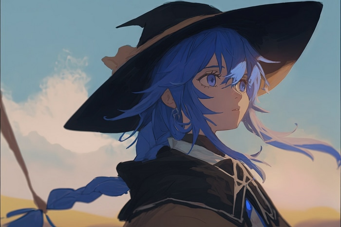Roxy Migurdia with blue hair and witch hat