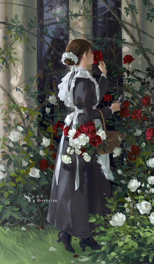 Maid in a rose garden with scissors and basket