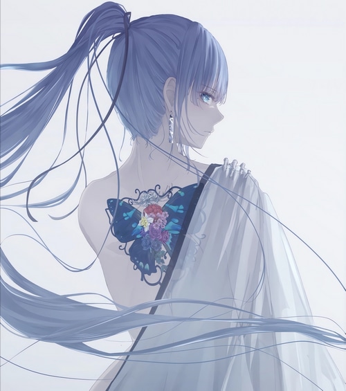 Anime girl with blue hair and butterfly tattoo
