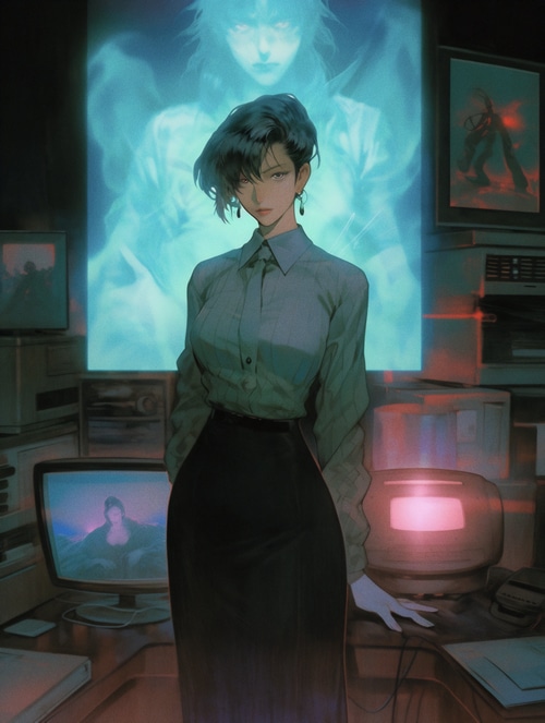 Woman in office with retro technology and holographic projection