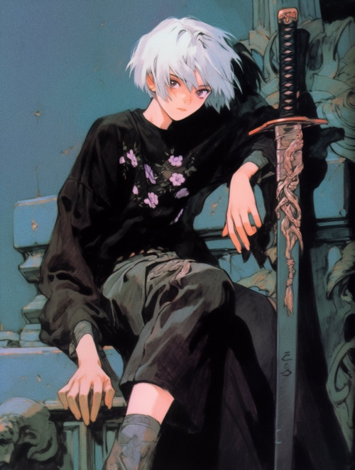 Anime boy with white hair and sword sitting