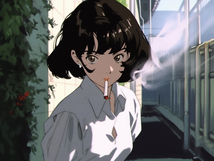 Anime girl with short brown hair smoking a cigarette