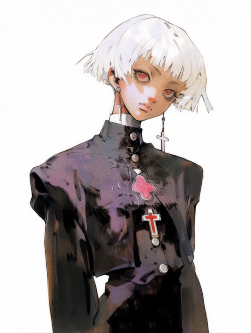 Anime character with white hair and red eyes in nun outfit