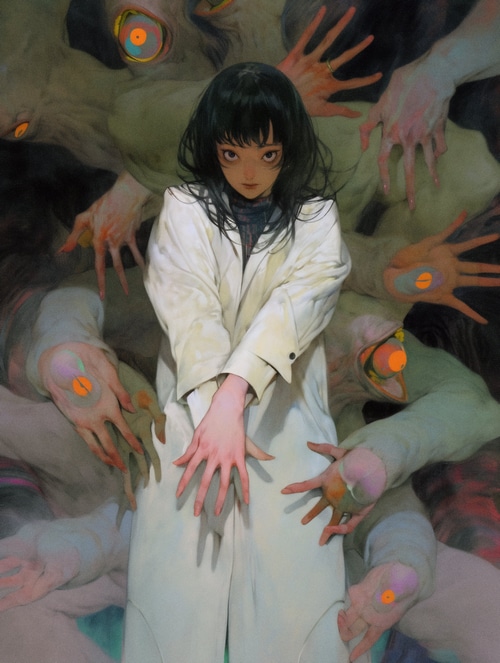 Girl in lab coat surrounded by monstrous hands
