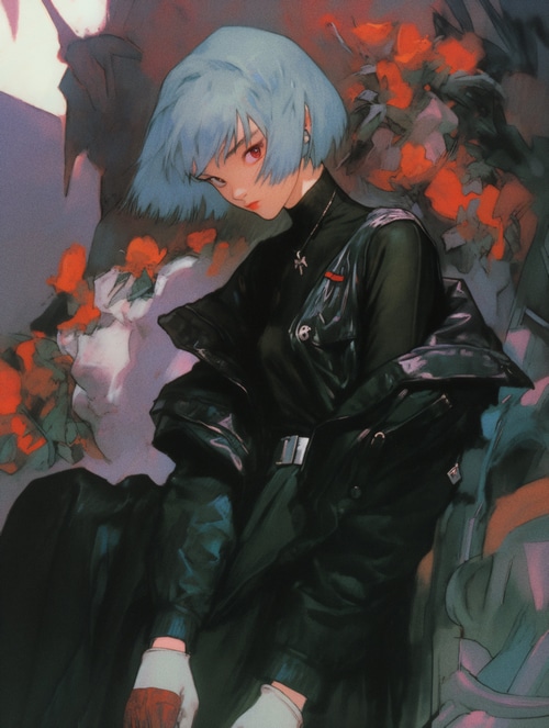 Rei Ayanami with blue hair and red eyes
