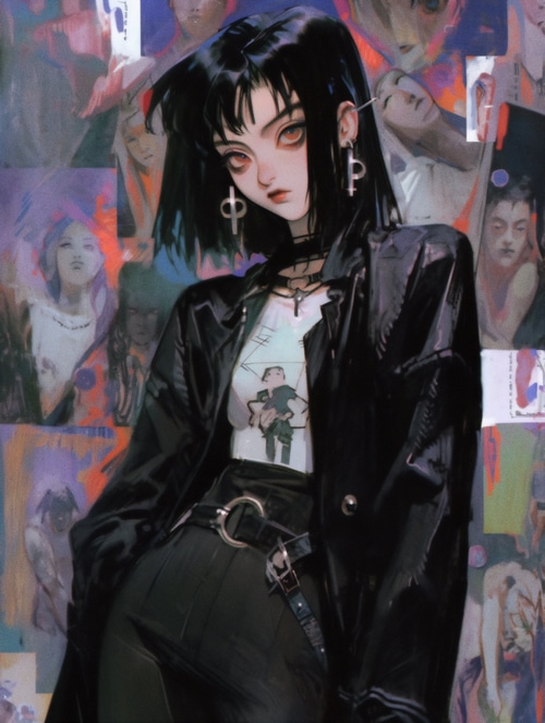 Girl with black hair and red eyes wearing a jacket