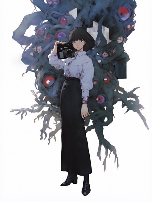 Girl with camera and creature with eyes