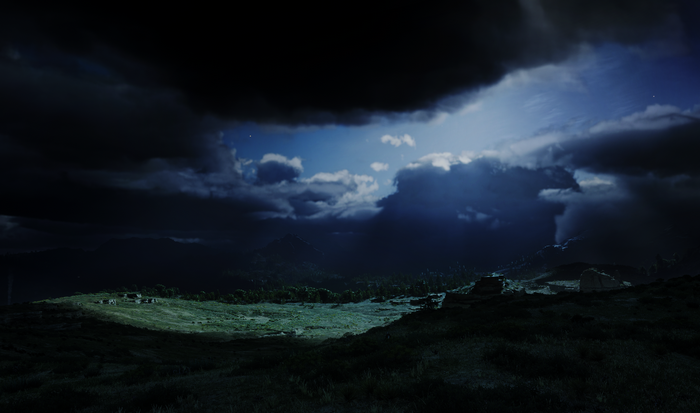 Red Dead Redemption 2 night landscape with moonlight and clouds
