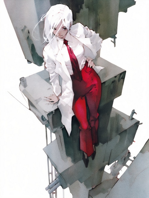 Woman in white jacket and red pants on industrial structure