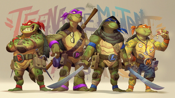 Teenage Mutant Ninja Turtles with weapons and pizza