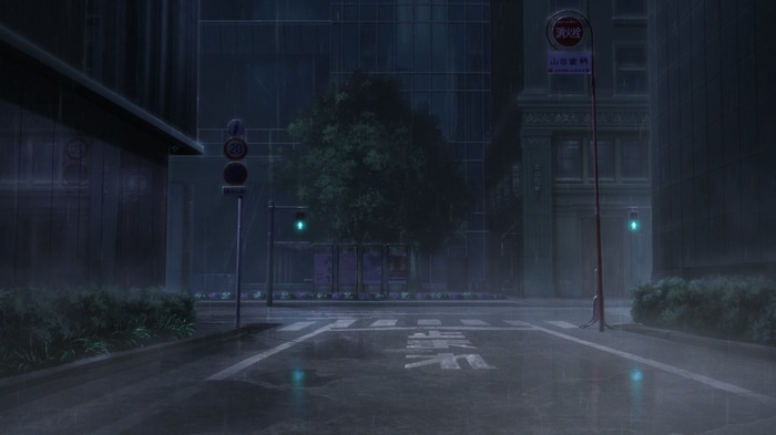 Mahou Shoujo Magical Destroyers anime city street in rain