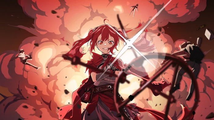 Anime girl with twintails and red eyes in an explosion